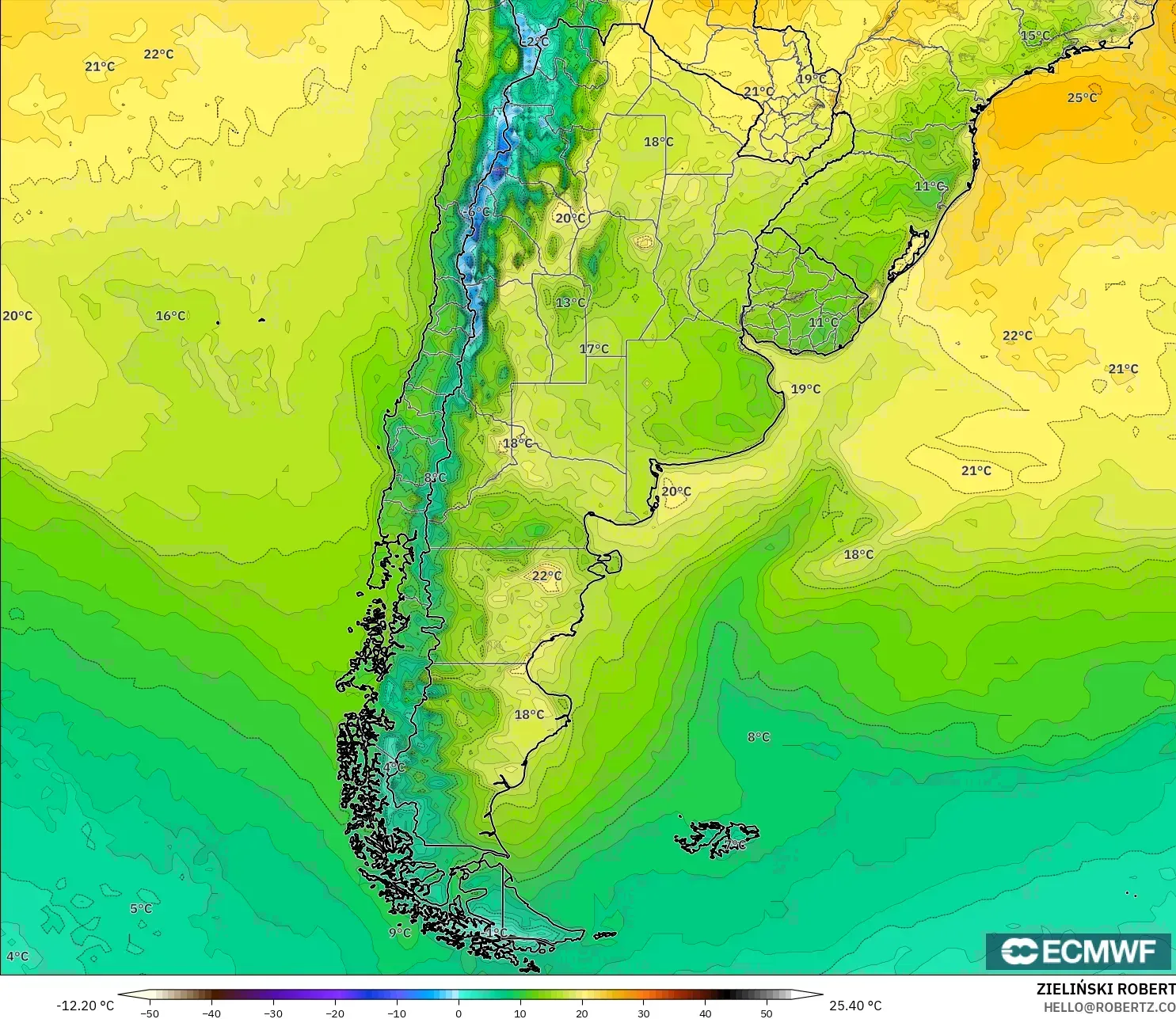 ECMWF IFS 0.25° モデル - アルゼンチン, 気温（2m）