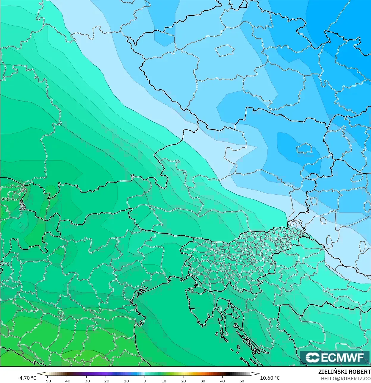 ECMWF IFS 0.25° モデル - オーストリア, 気温（850hPa）