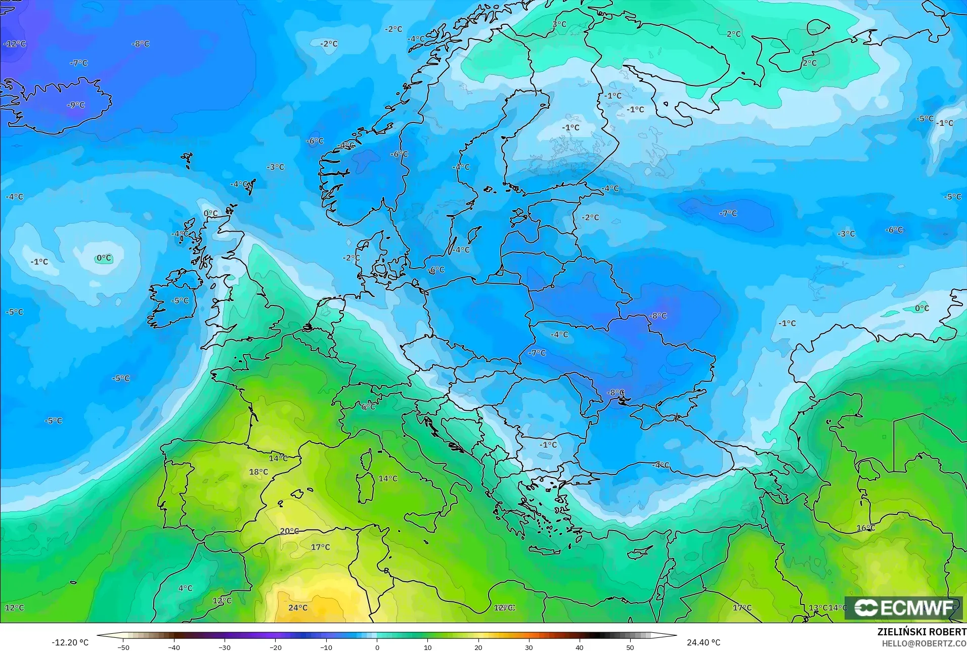 ECMWF IFS 0.25° モデル - ヨーロッパ, 気温（850hPa）