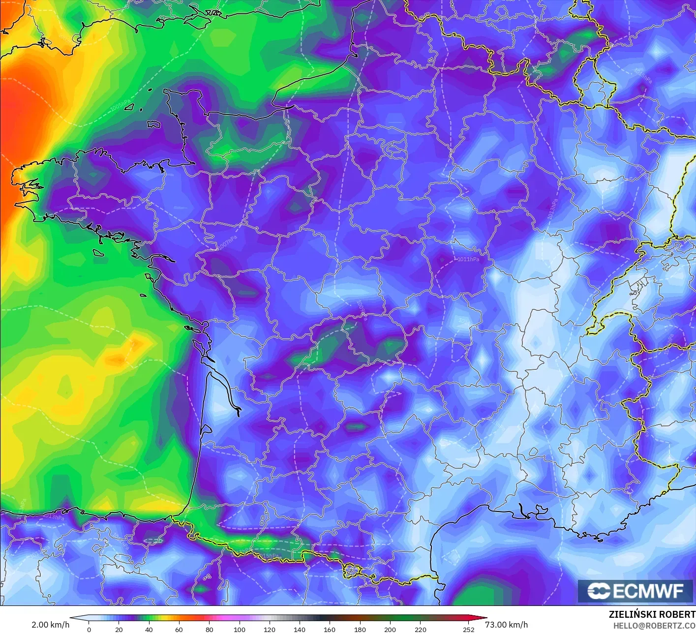 ECMWF IFS 0.25° モデル - フランス, 突風（最大）