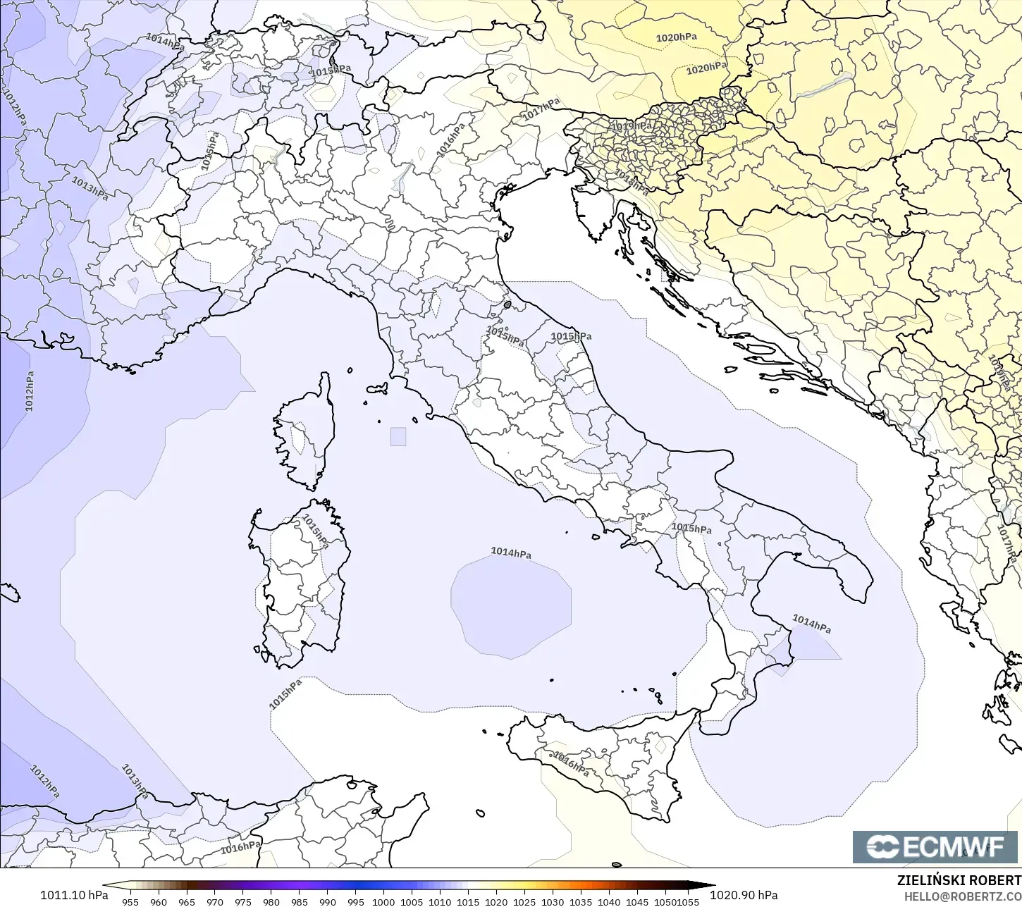 ECMWF IFS 0.25° モデル - イタリア, 気圧