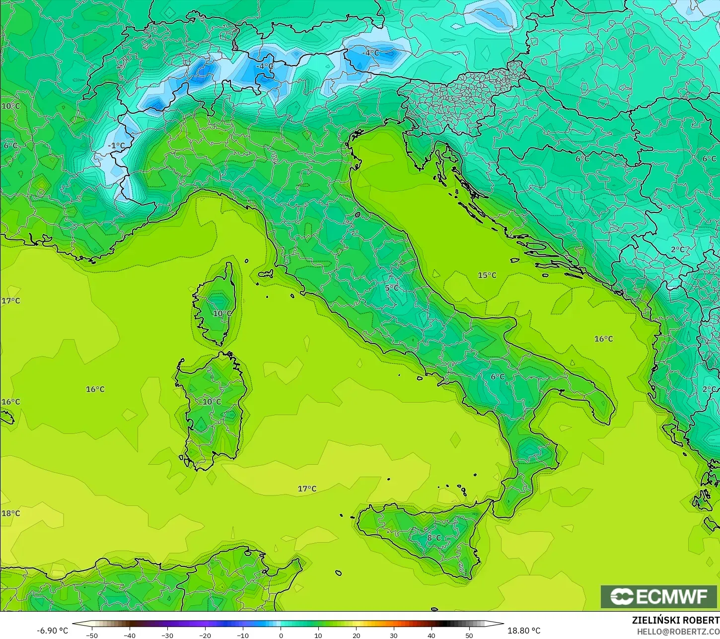 ECMWF IFS 0.25° モデル - イタリア, 気温（2m）