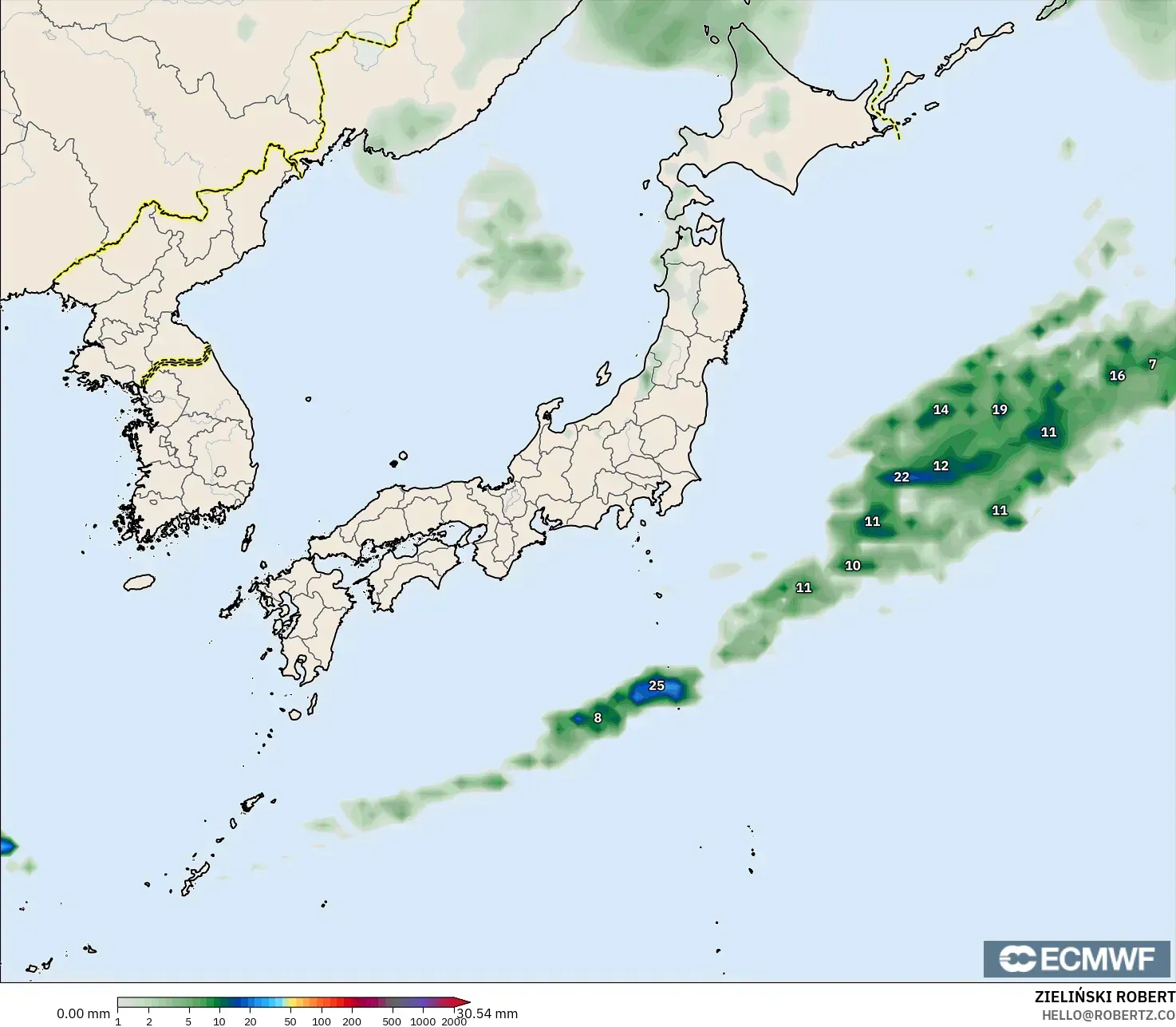 ECMWF IFS 0.25° モデル - 日本, 降水量の合計