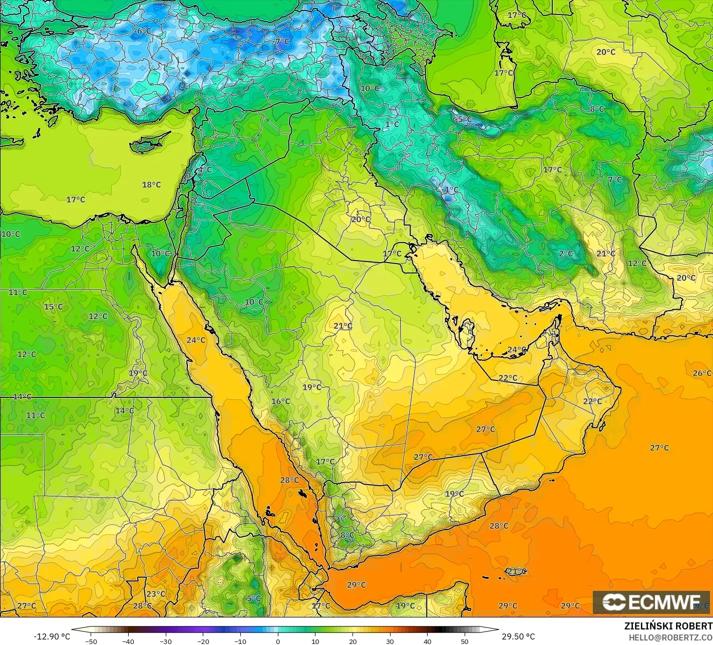 ECMWF IFS 0.25° モデル - 中東, 気温（2m）