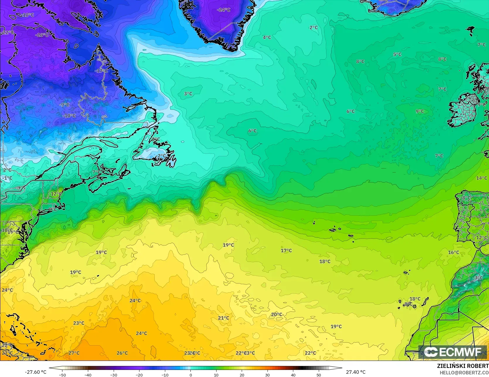 ECMWF IFS 0.25° モデル - 北大西洋, 気温（2m）