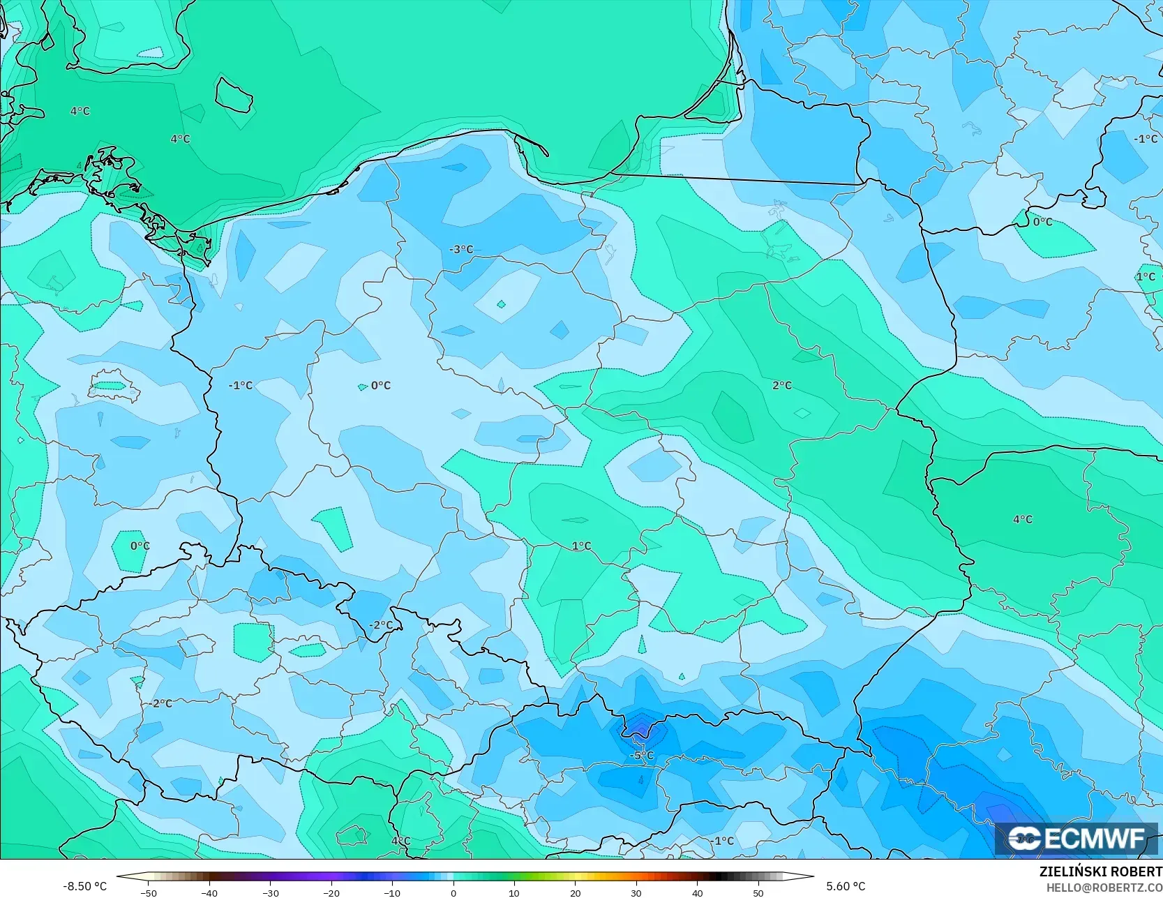 ECMWF IFS 0.25° モデル - ポーランド, 気温（2m）