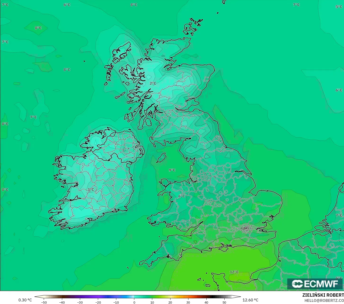 ECMWF IFS 0.25° モデル - イギリス, 気温（2m）