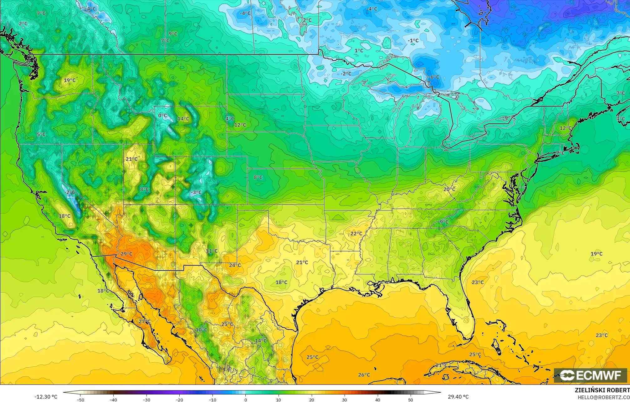 ECMWF IFS 0.25° モデル - アメリカ合衆国, 気温（2m）
