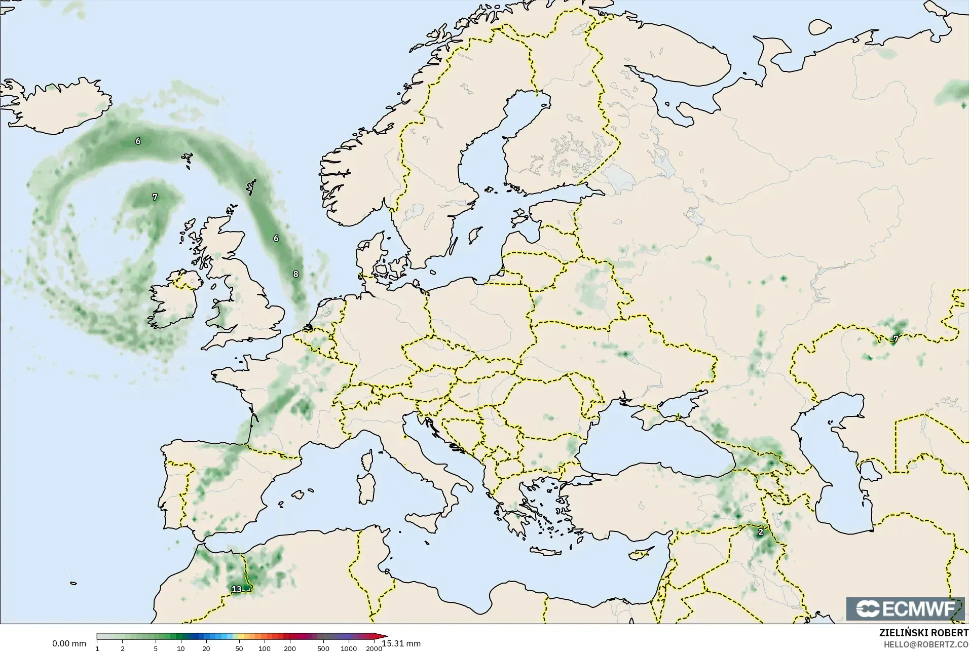 ECMWF IFS 0.25° モデル - ヨーロッパ, 降水量の合計