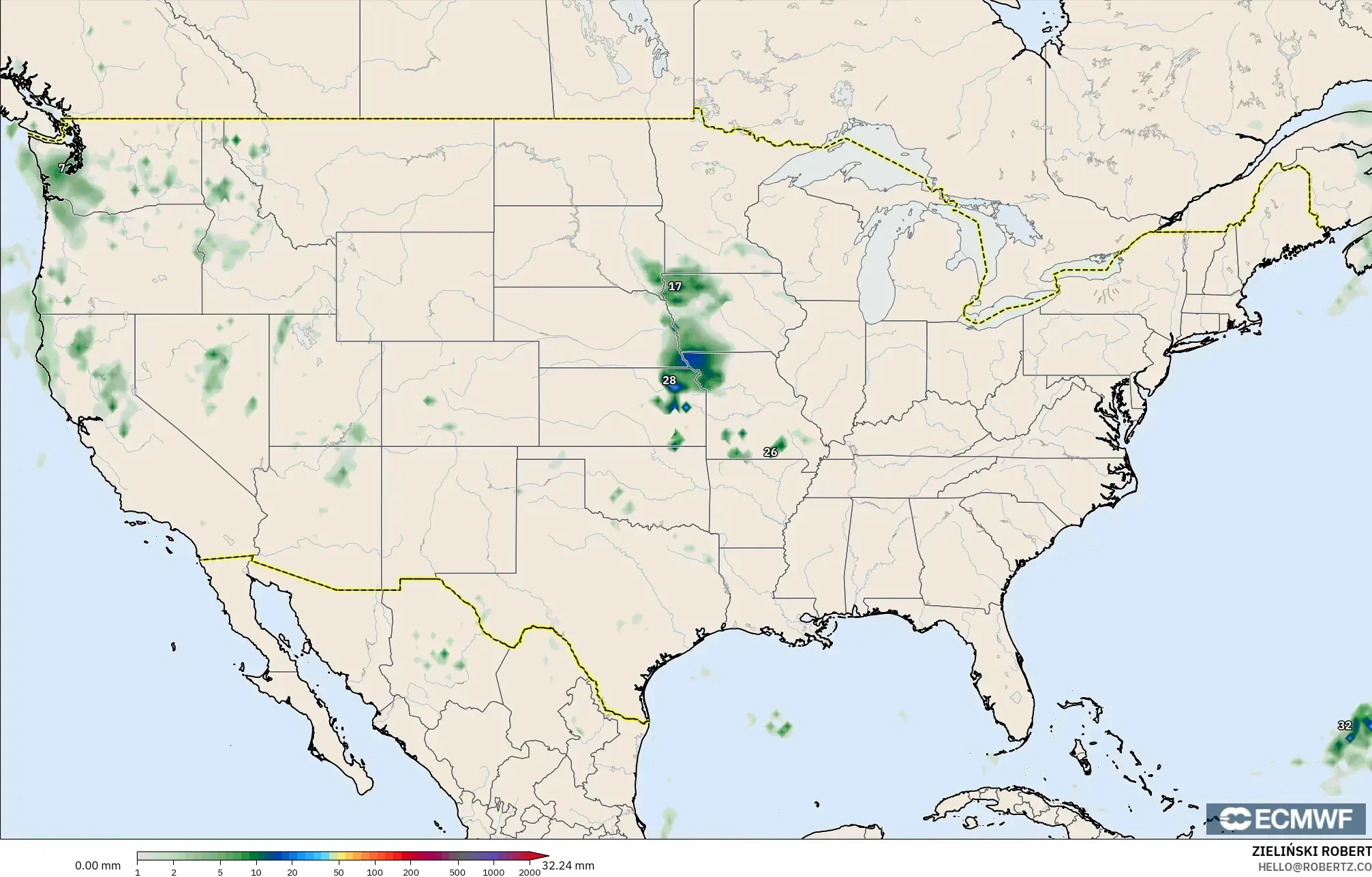 ECMWF IFS 0.25° モデル - アメリカ合衆国, 降水量の合計