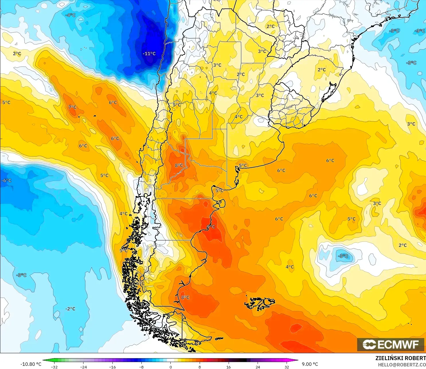 ECMWF IFS 0.25° モデル - アルゼンチン, 気温異常（850hPa）
