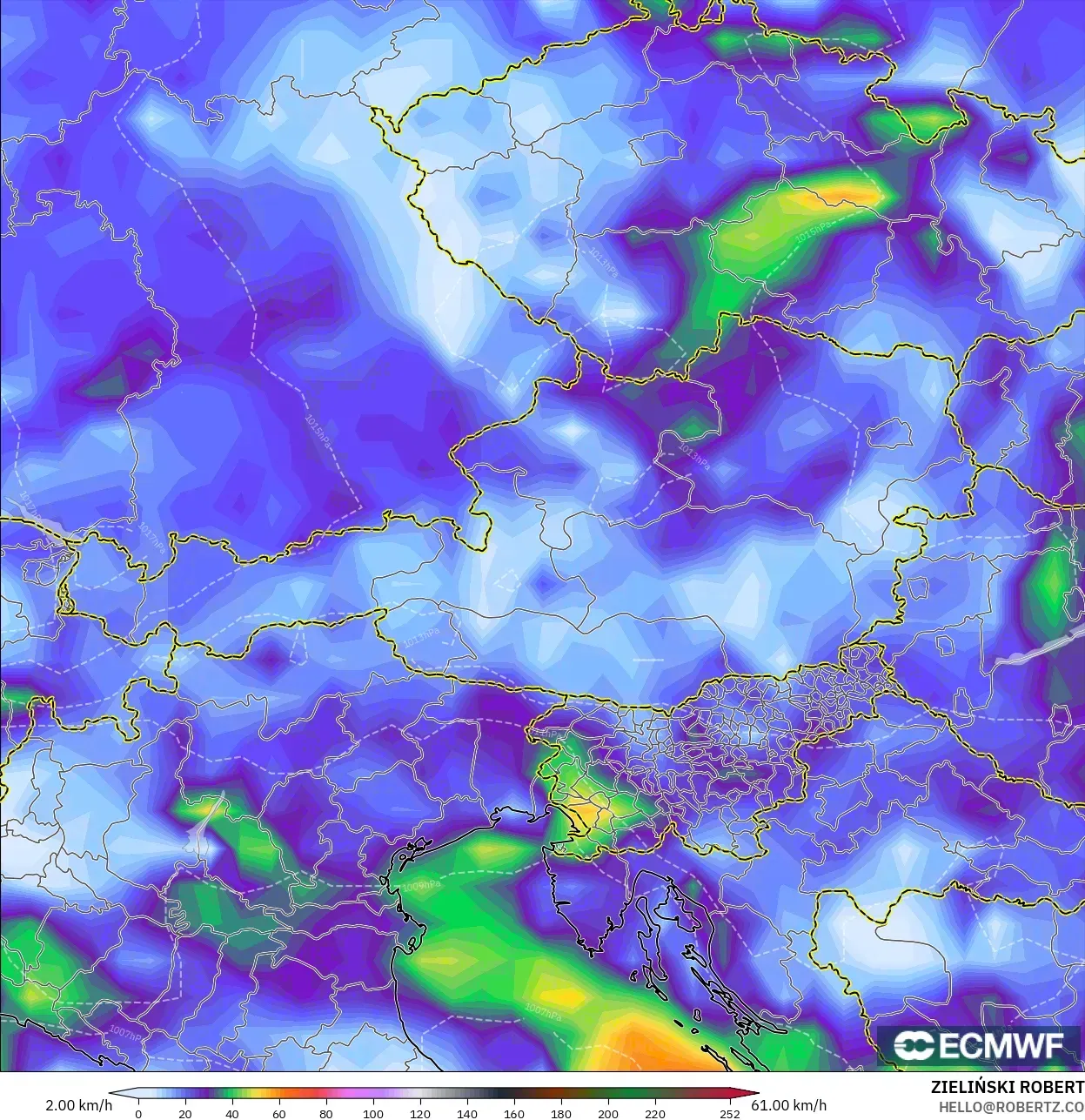 ECMWF IFS 0.25° モデル - オーストリア, 突風（最大）
