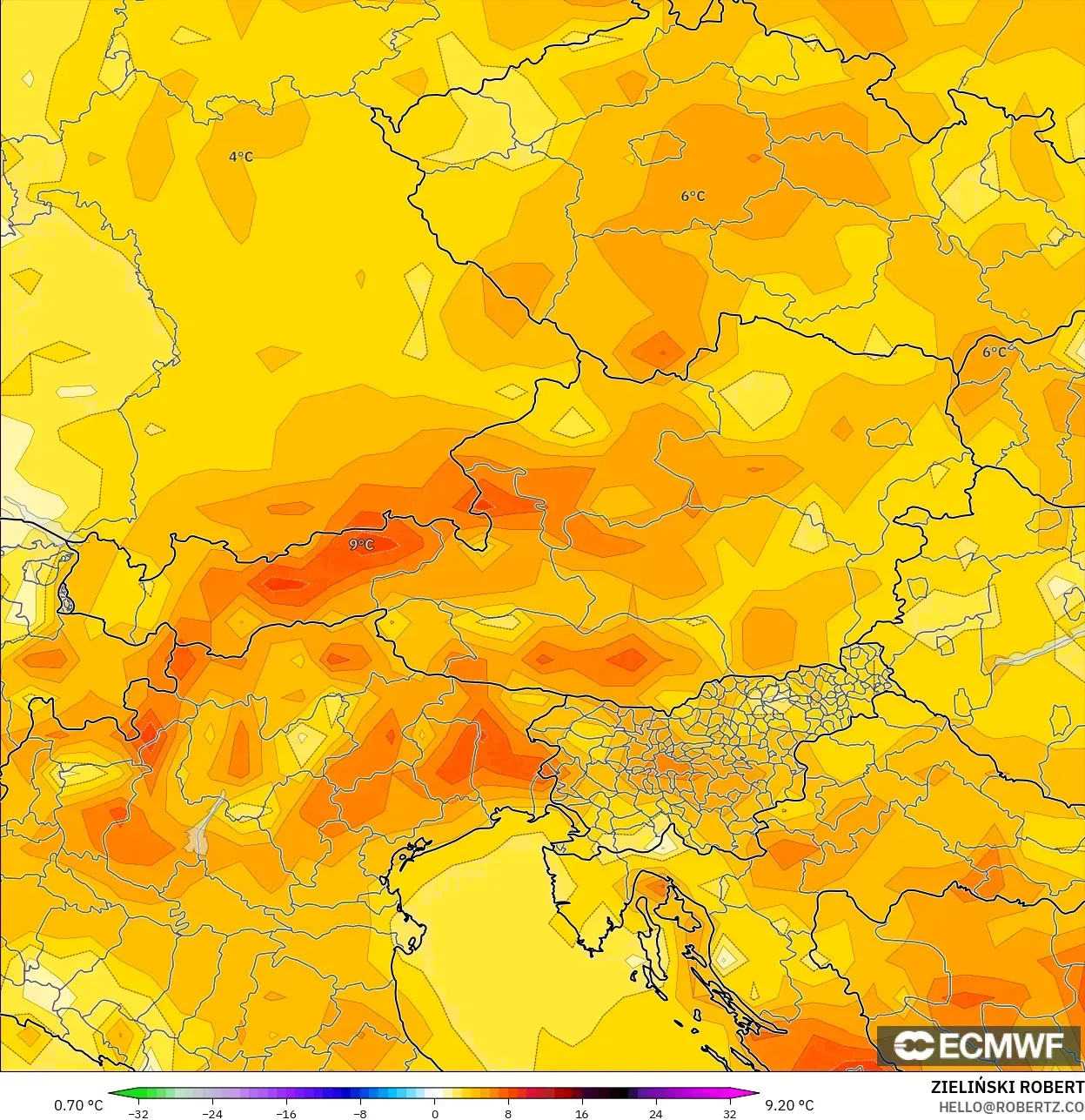ECMWF IFS 0.25° モデル - オーストリア, 気温異常（2m）