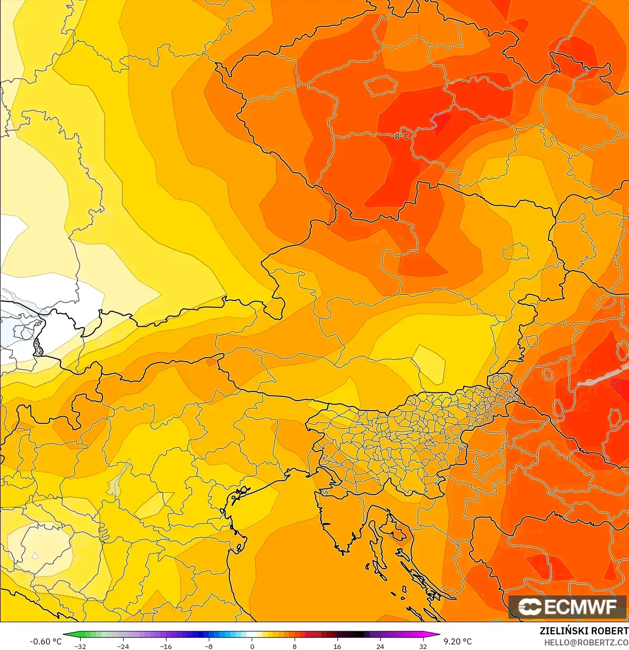 ECMWF IFS 0.25° モデル - オーストリア, 気温異常（850hPa）