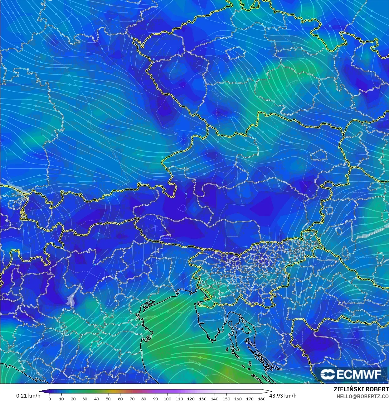 ECMWF IFS 0.25° モデル - オーストリア, 風速（10m）