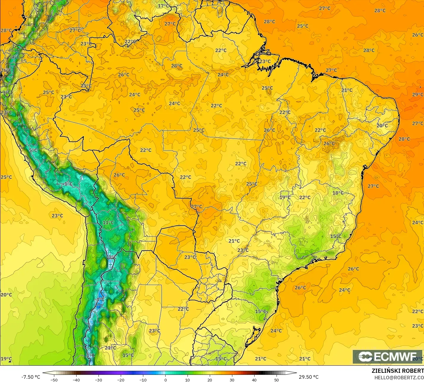 ECMWF IFS 0.25° モデル - ブラジル, 気温（2m）