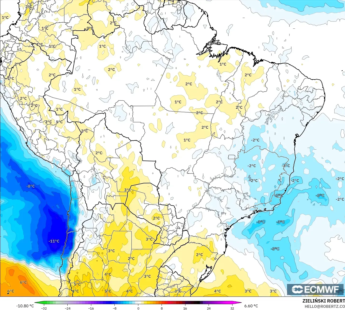 ECMWF IFS 0.25° モデル - ブラジル, 気温異常（850hPa）