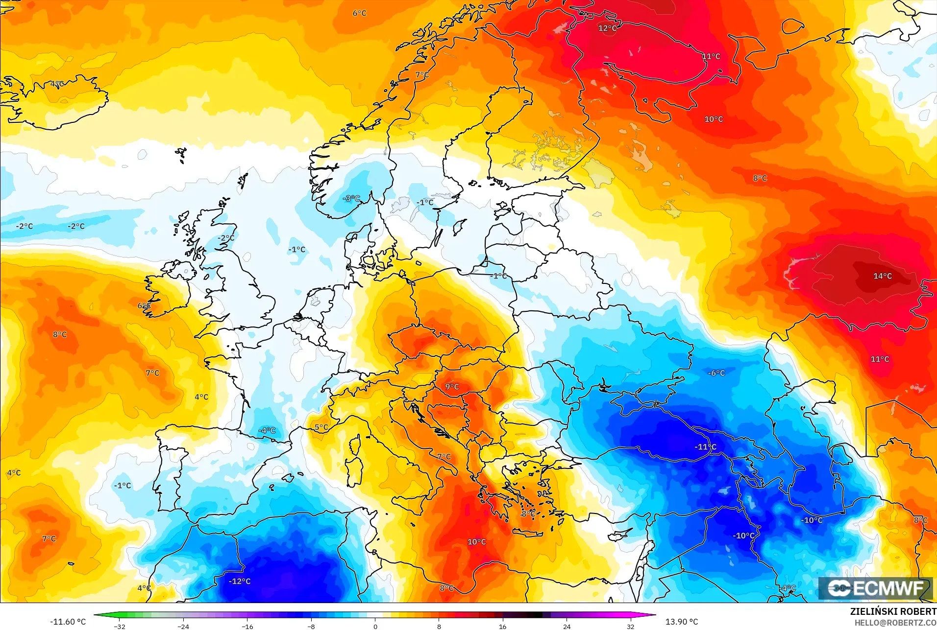 ECMWF IFS 0.25° モデル - ヨーロッパ, 気温異常（850hPa）