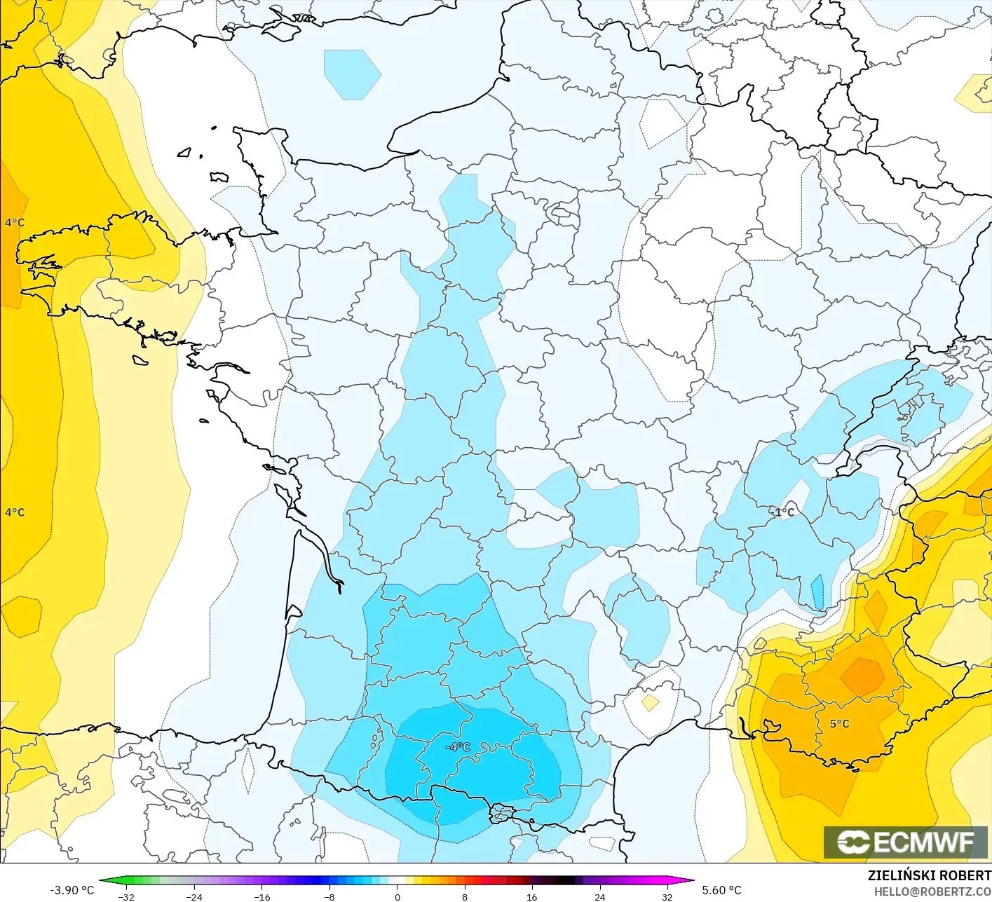 ECMWF IFS 0.25° モデル - フランス, 気温異常（850hPa）