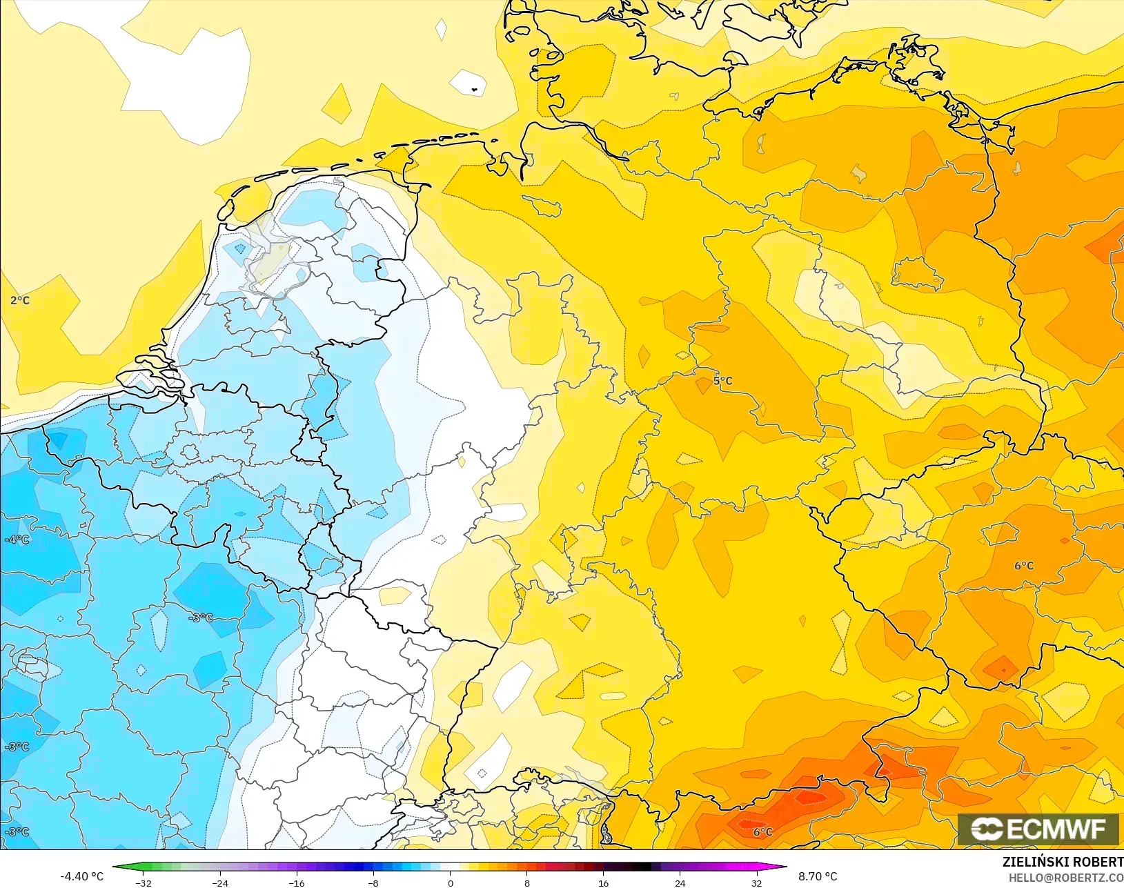 ECMWF IFS 0.25° モデル - ドイツ, 気温異常（2m）