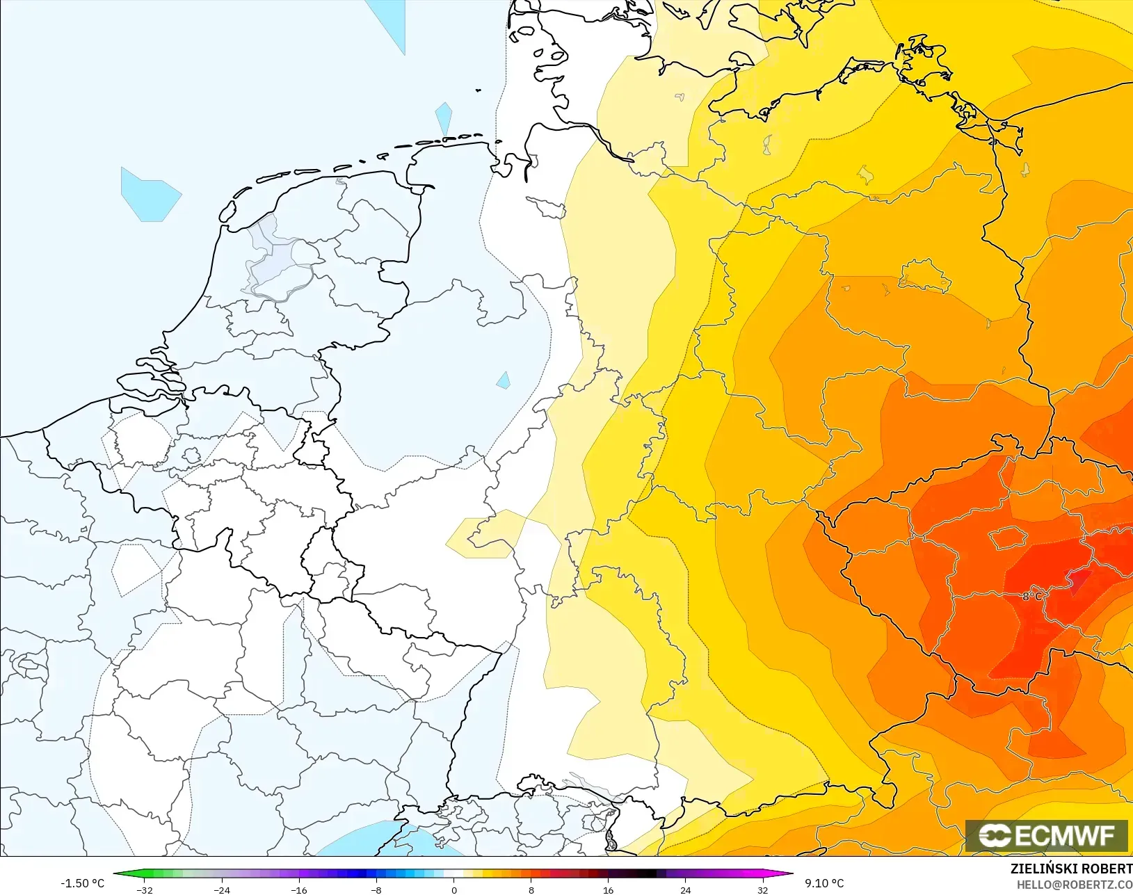 ECMWF IFS 0.25° モデル - ドイツ, 気温異常（850hPa）