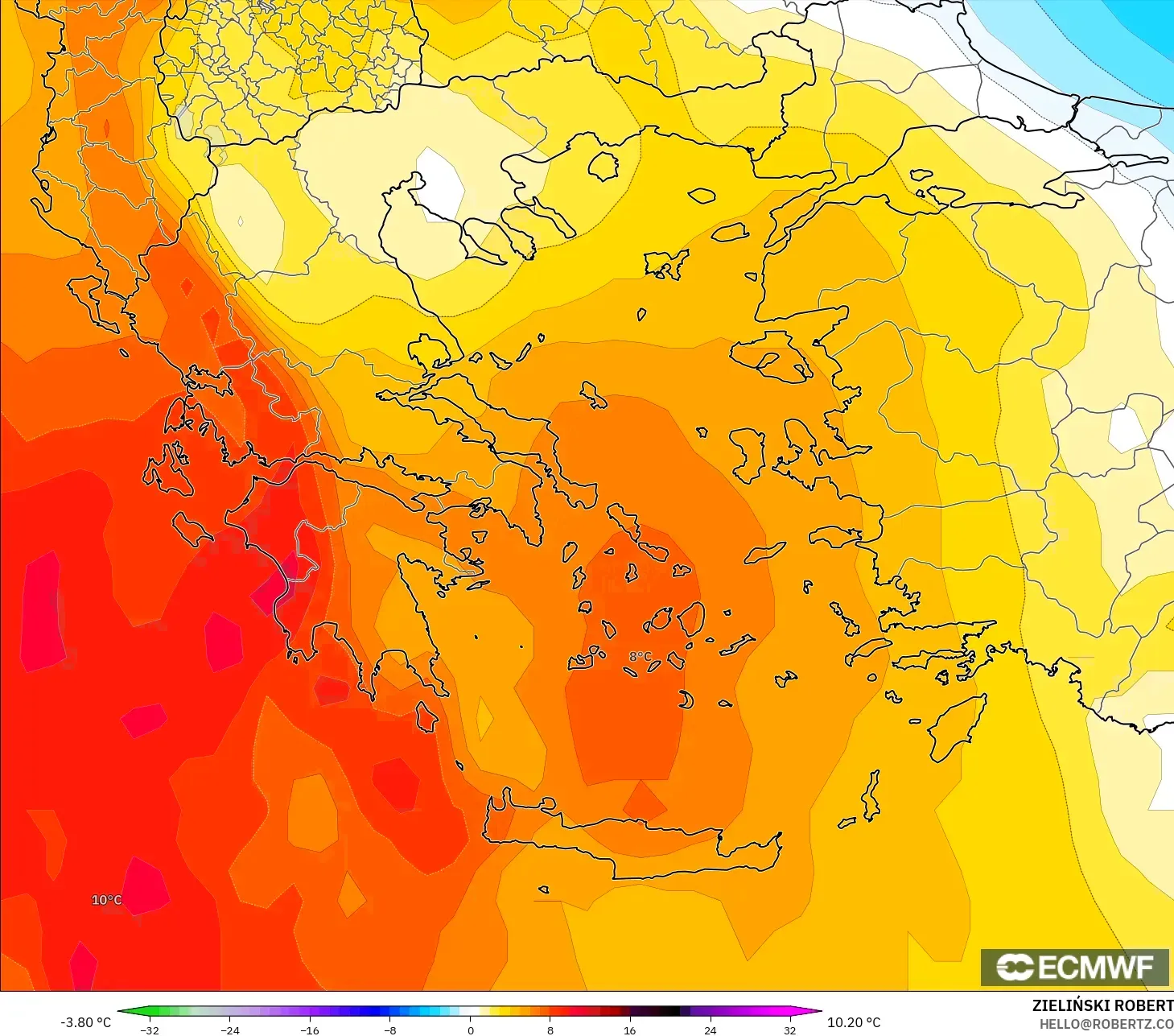 ECMWF IFS 0.25° モデル - ギリシャ, 気温異常（850hPa）