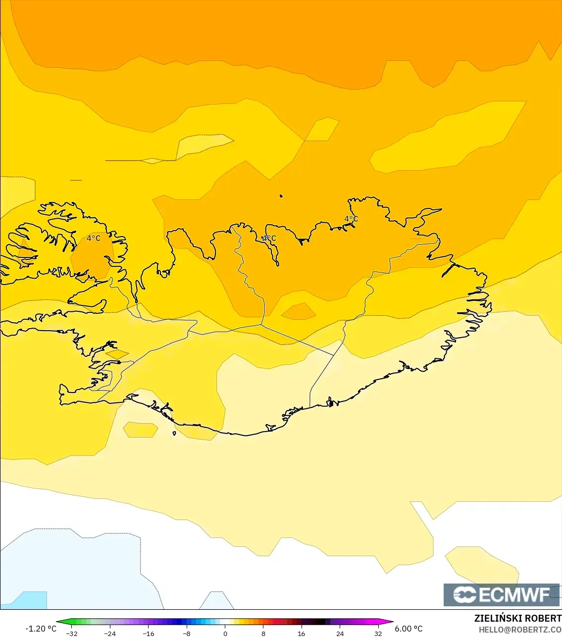 ECMWF IFS 0.25° モデル - アイスランド, 気温異常（850hPa）