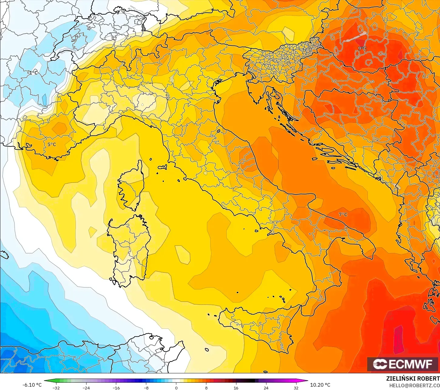 ECMWF IFS 0.25° モデル - イタリア, 気温異常（850hPa）