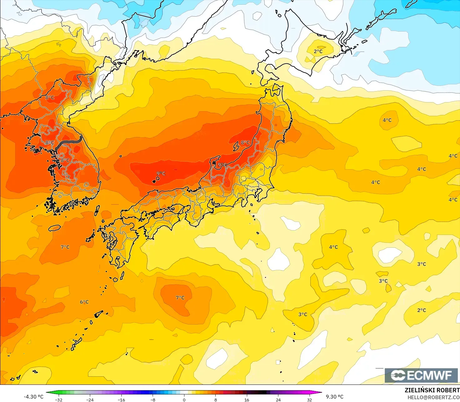 ECMWF IFS 0.25° モデル - 日本, 気温異常（850hPa）