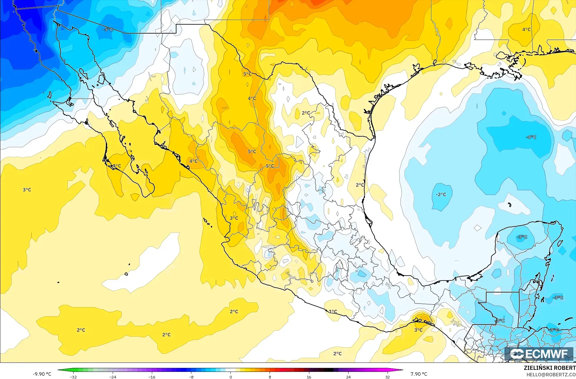 ECMWF IFS 0.25° モデル - メキシコ, 気温異常（850hPa）