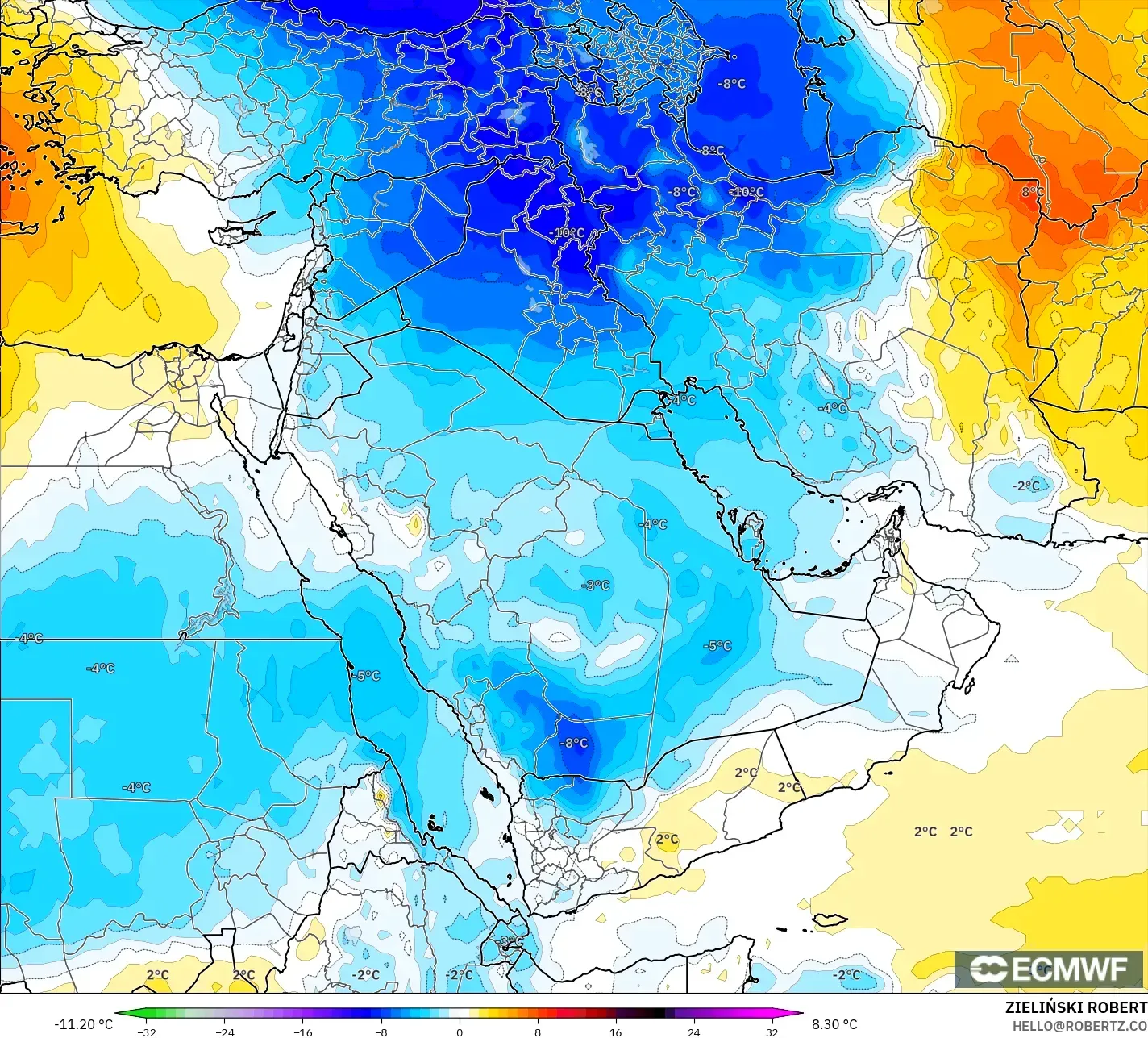 ECMWF IFS 0.25° モデル - 中東, 気温異常（850hPa）
