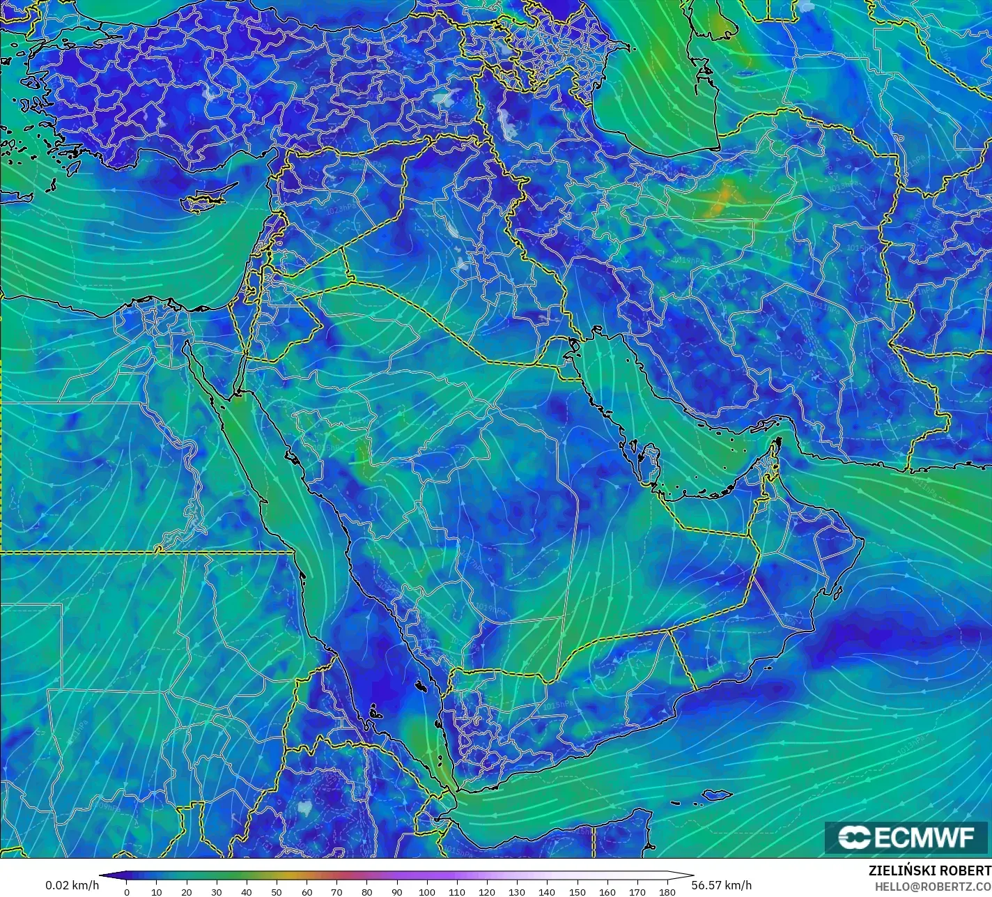 ECMWF IFS 0.25° モデル - 中東, 風速（10m）