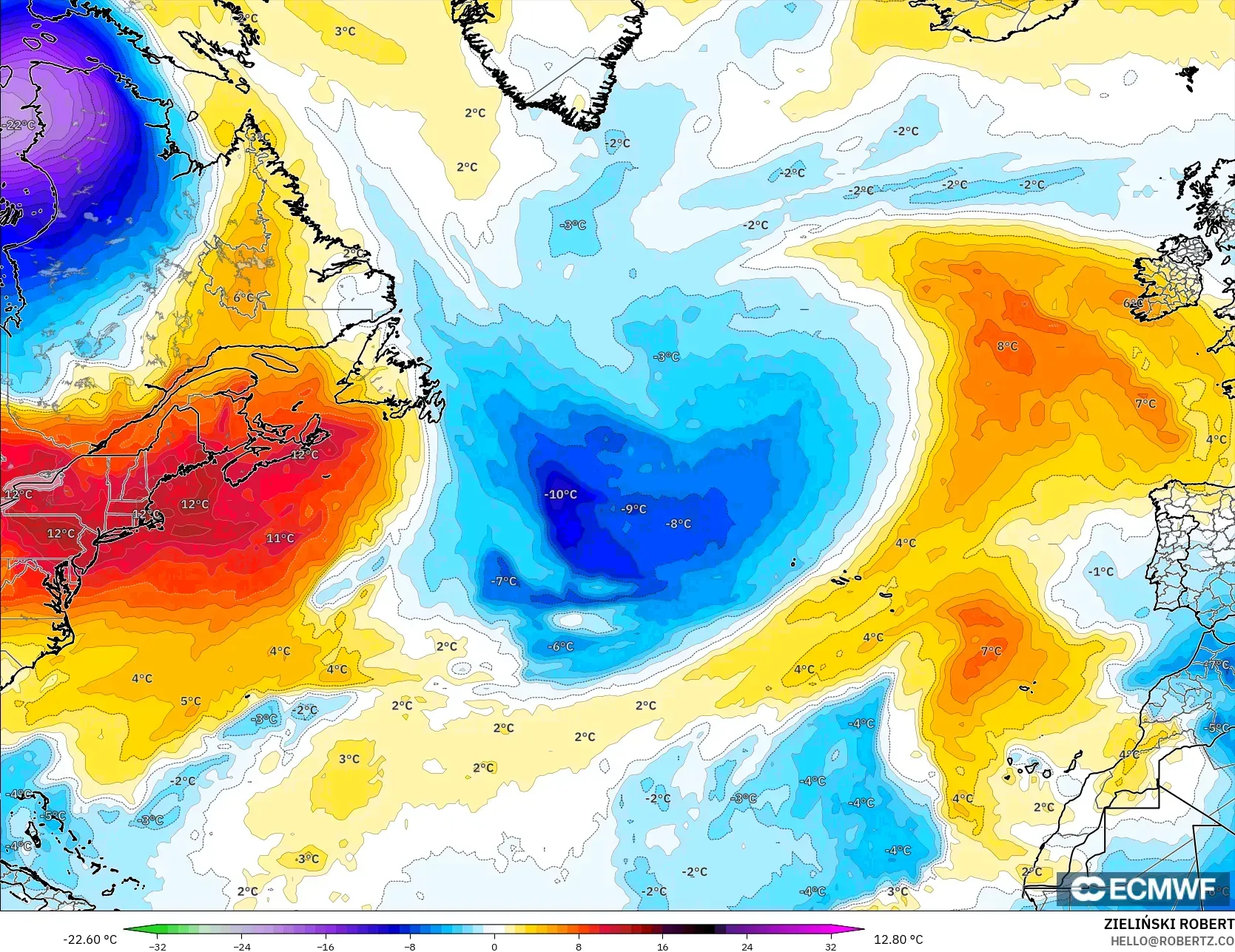 ECMWF IFS 0.25° モデル - 北大西洋, 気温異常（850hPa）