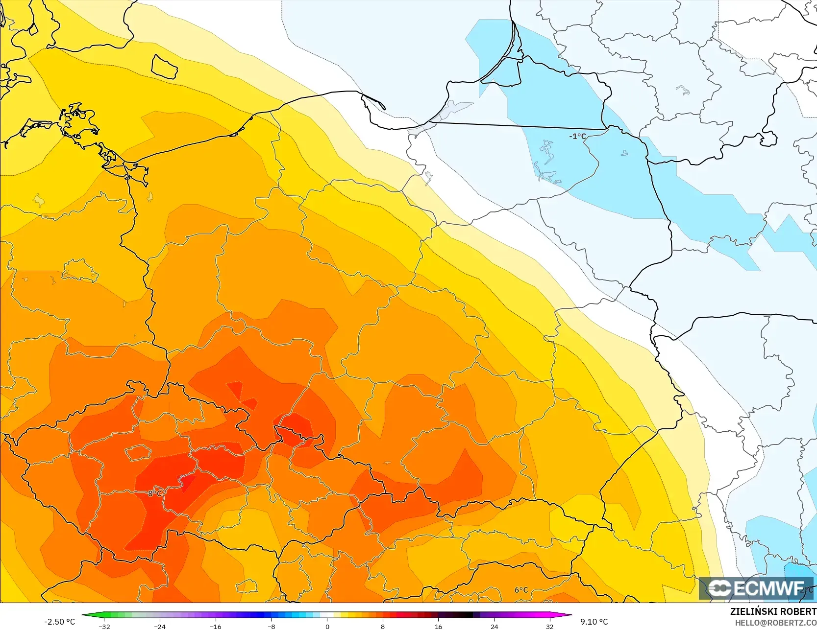 ECMWF IFS 0.25° モデル - ポーランド, 気温異常（850hPa）