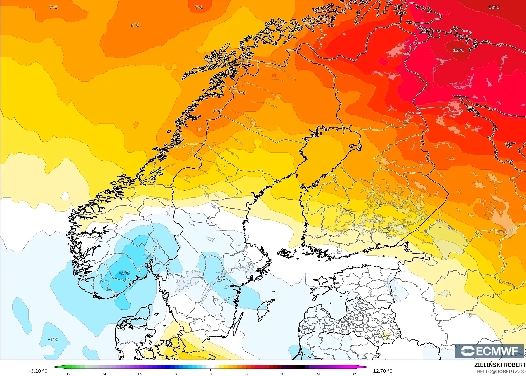 ECMWF IFS 0.25° モデル - スカンジナビア, 気温異常（850hPa）