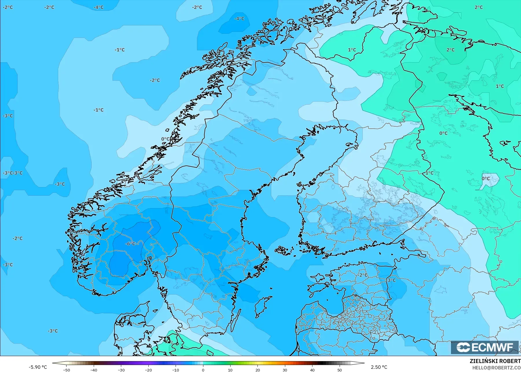 ECMWF IFS 0.25° モデル - スカンジナビア, 気温（850hPa）