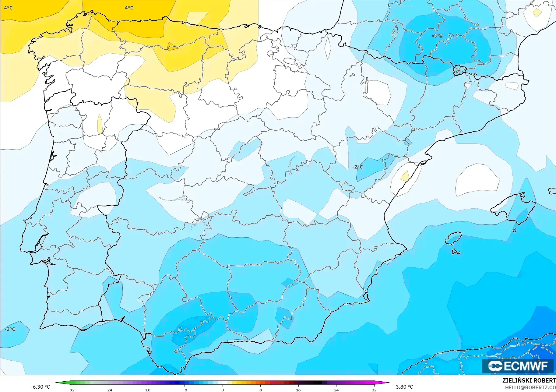 ECMWF IFS 0.25° モデル - スペイン, 気温異常（850hPa）