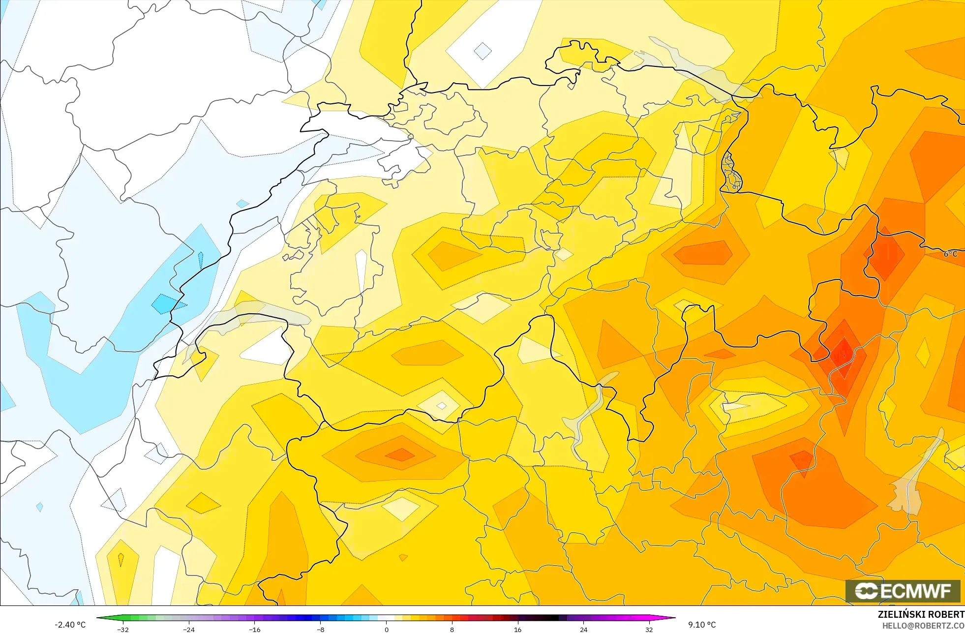 ECMWF IFS 0.25° モデル - スイス, 気温異常（2m）