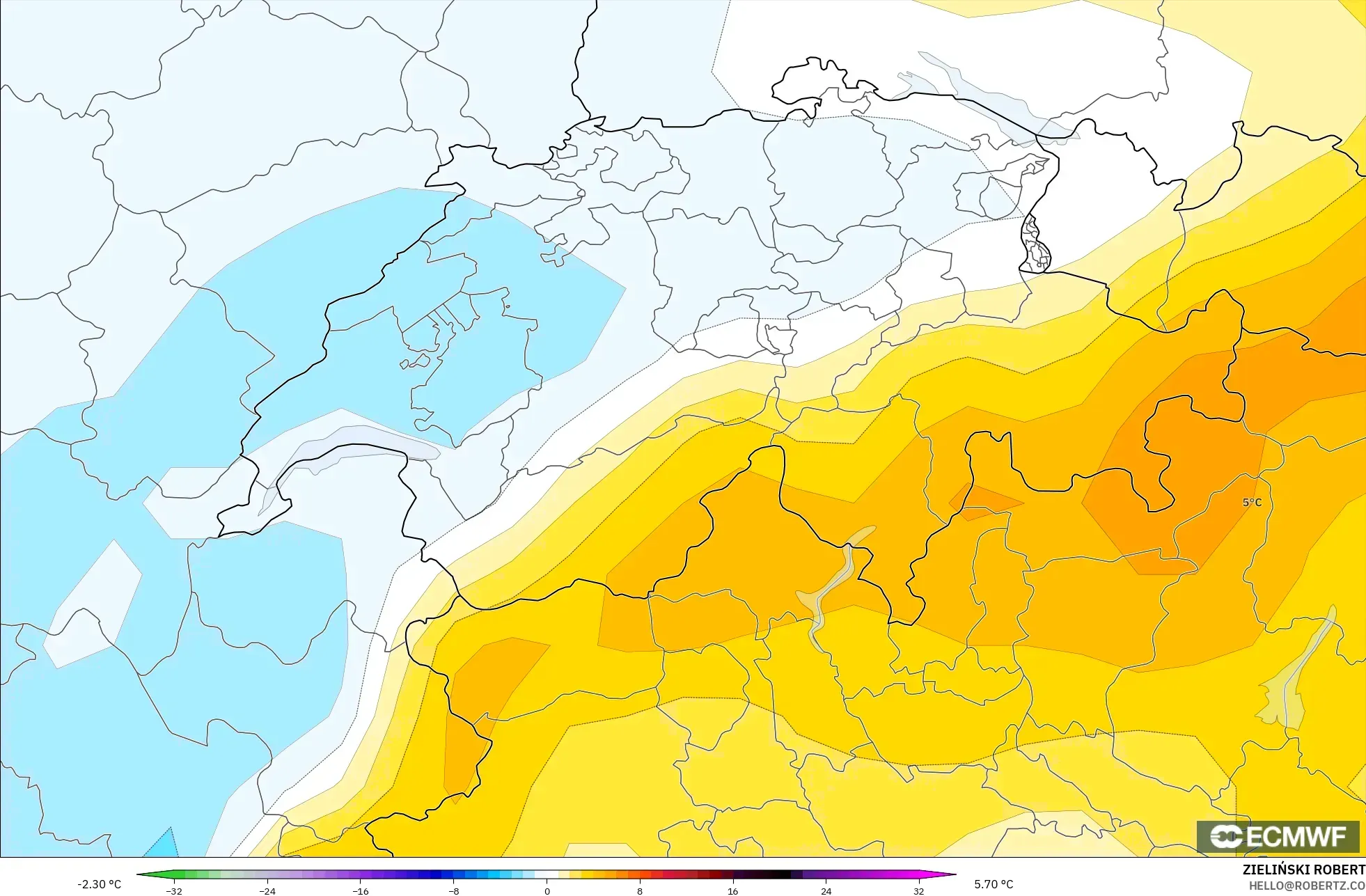 ECMWF IFS 0.25° モデル - スイス, 気温異常（850hPa）