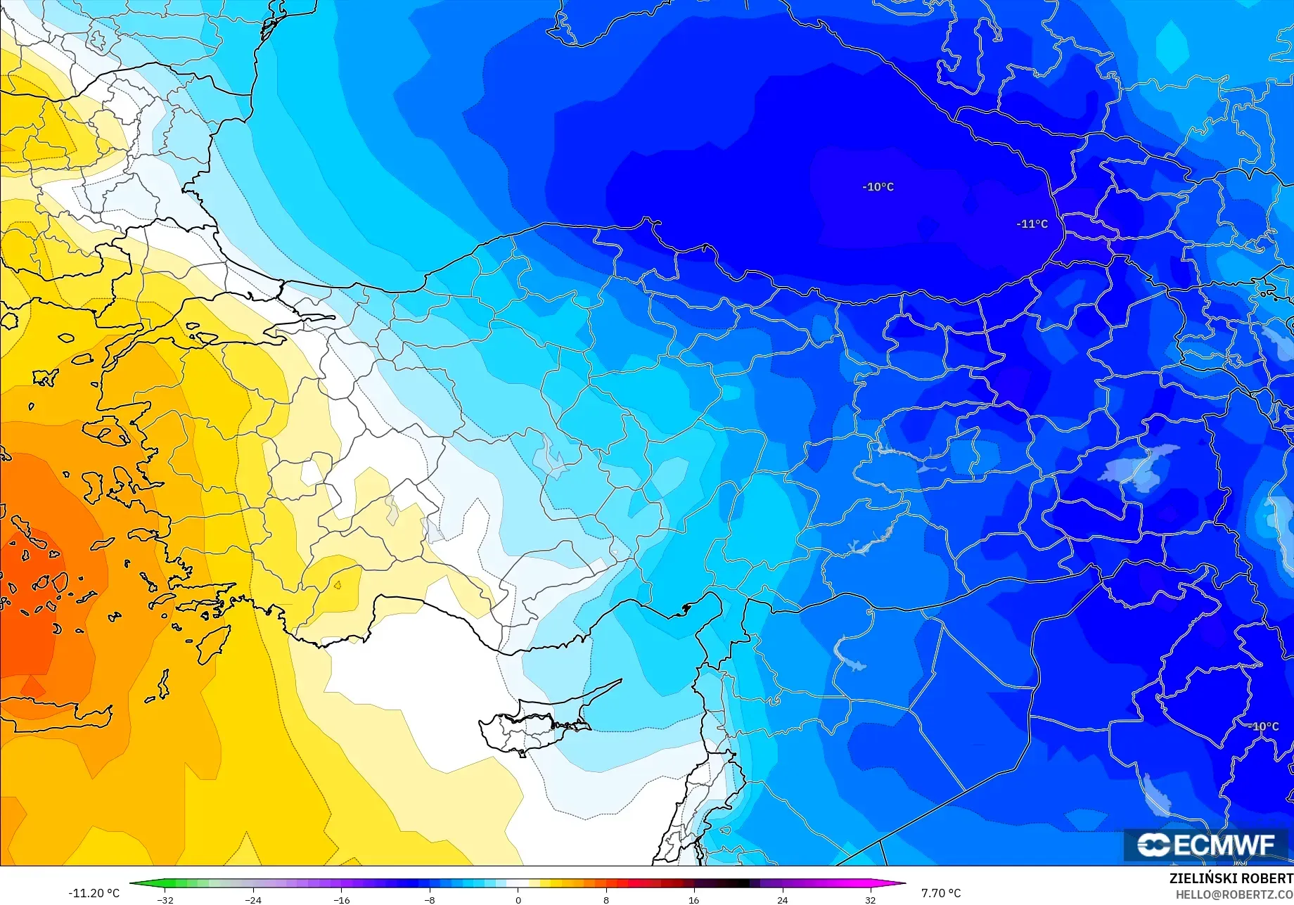 ECMWF IFS 0.25° モデル - トルコ, 気温異常（850hPa）