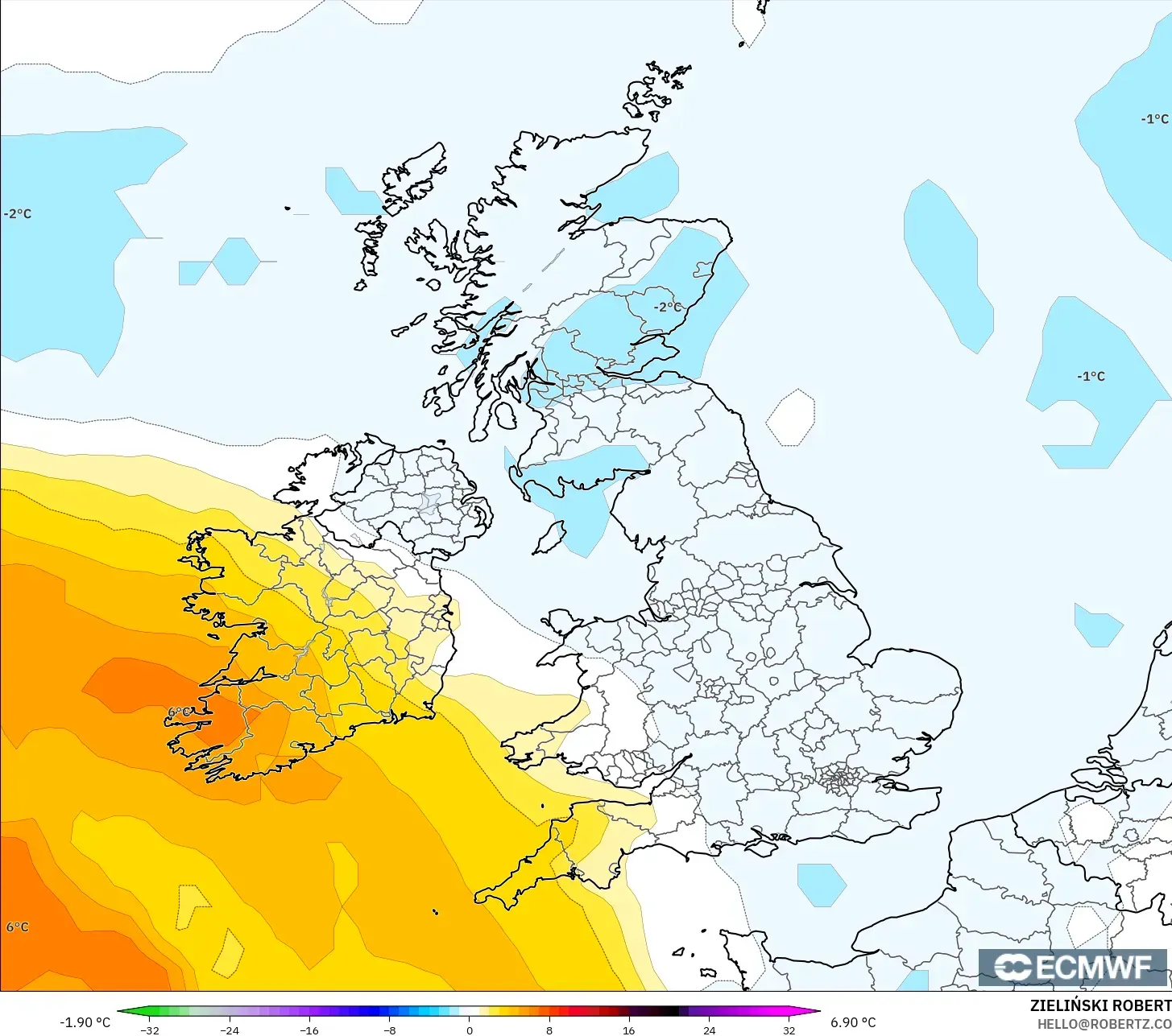 ECMWF IFS 0.25° モデル - イギリス, 気温異常（850hPa）