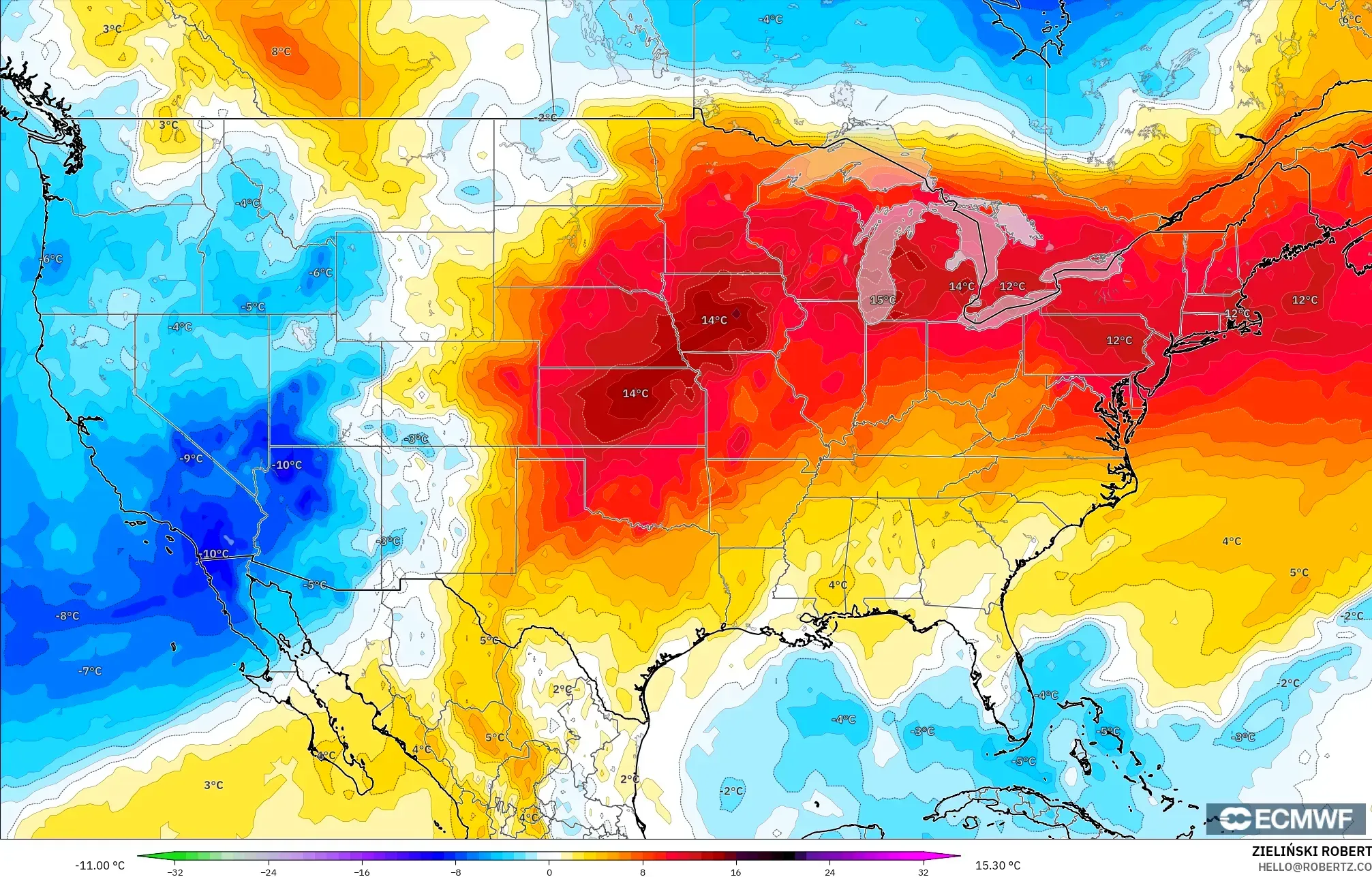ECMWF IFS 0.25° モデル - アメリカ合衆国, 気温異常（850hPa）