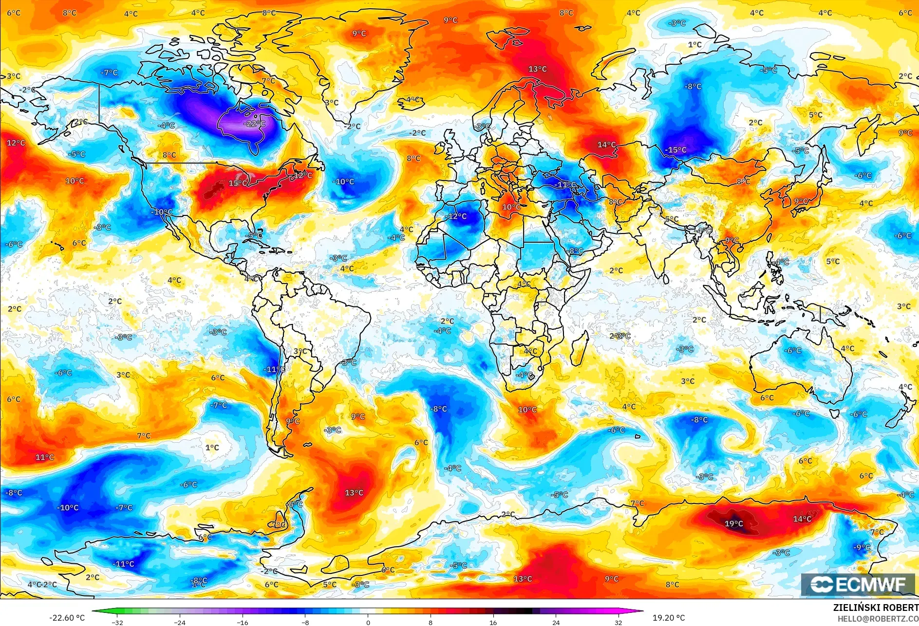 ECMWF IFS 0.25° モデル - 世界, 気温異常（850hPa）