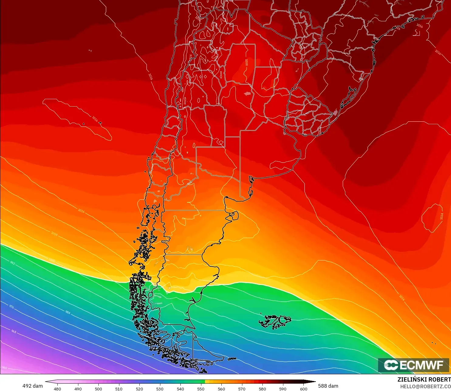 ECMWF IFS 0.25° モデル - アルゼンチン, 500hPaのジオポテンシャル高度