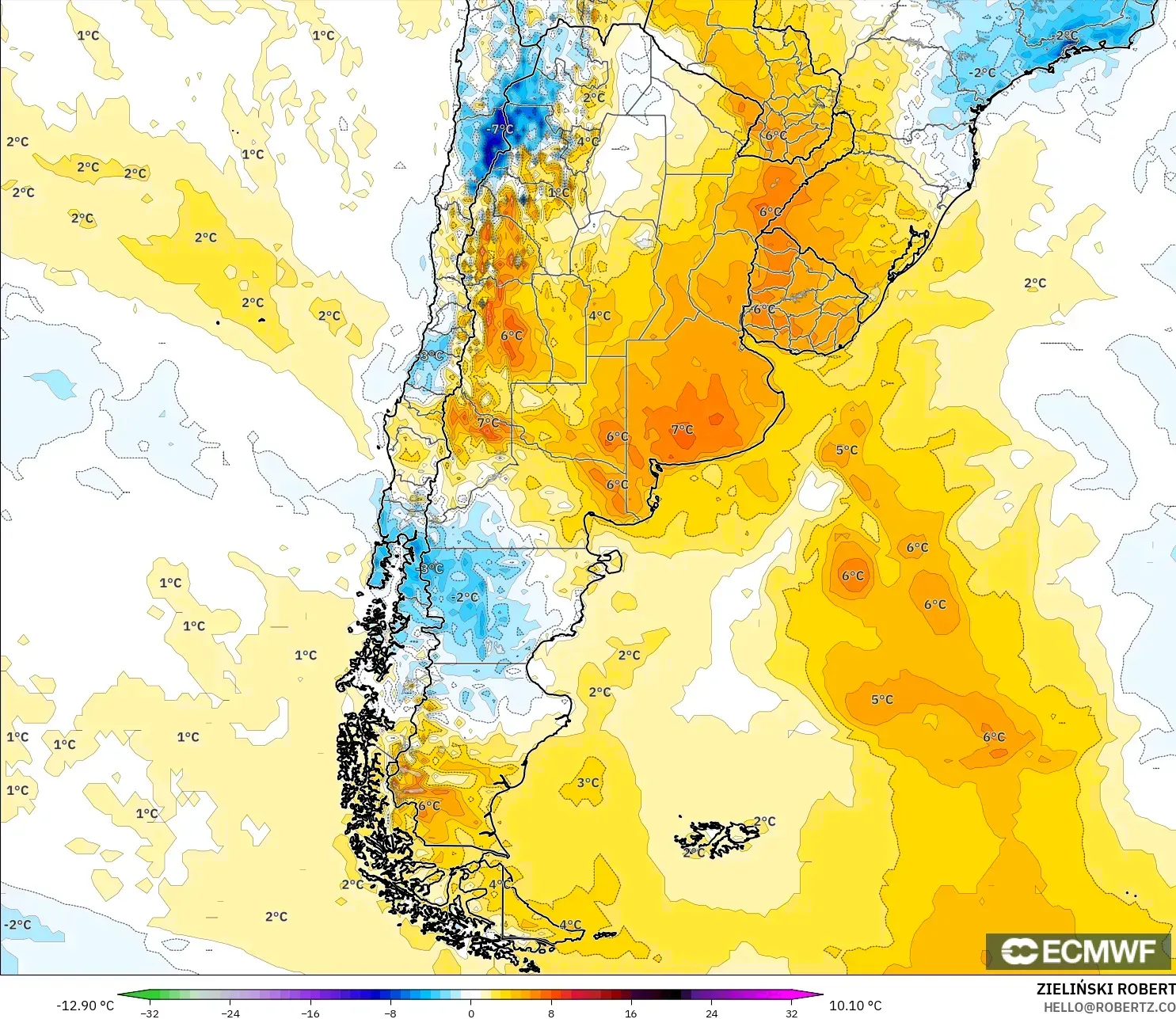ECMWF IFS 0.25° モデル - アルゼンチン, 気温異常（2m）