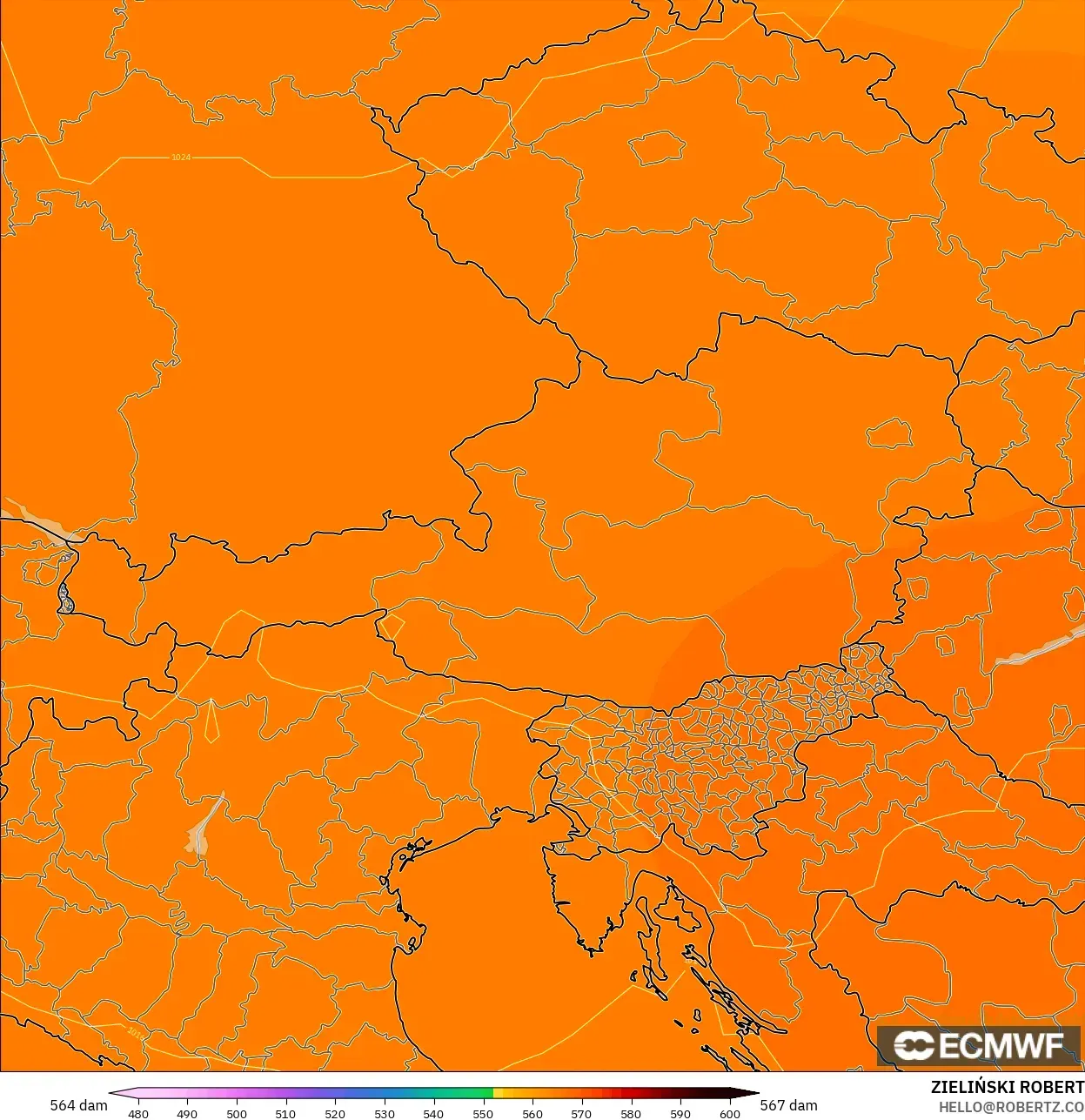 ECMWF IFS 0.25° モデル - オーストリア, 500hPaのジオポテンシャル高度
