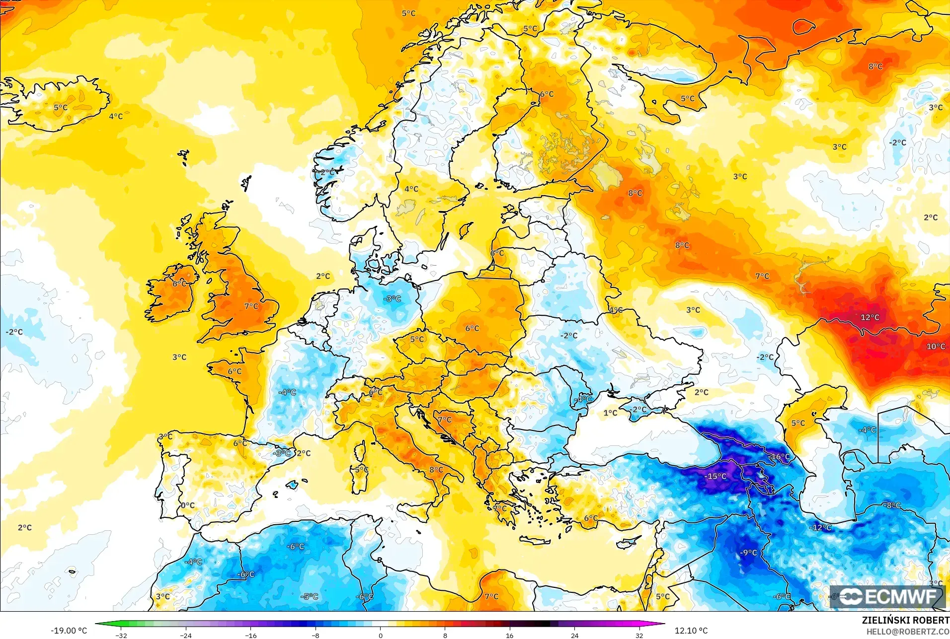 ECMWF IFS 0.25° モデル - ヨーロッパ, 気温異常（2m）