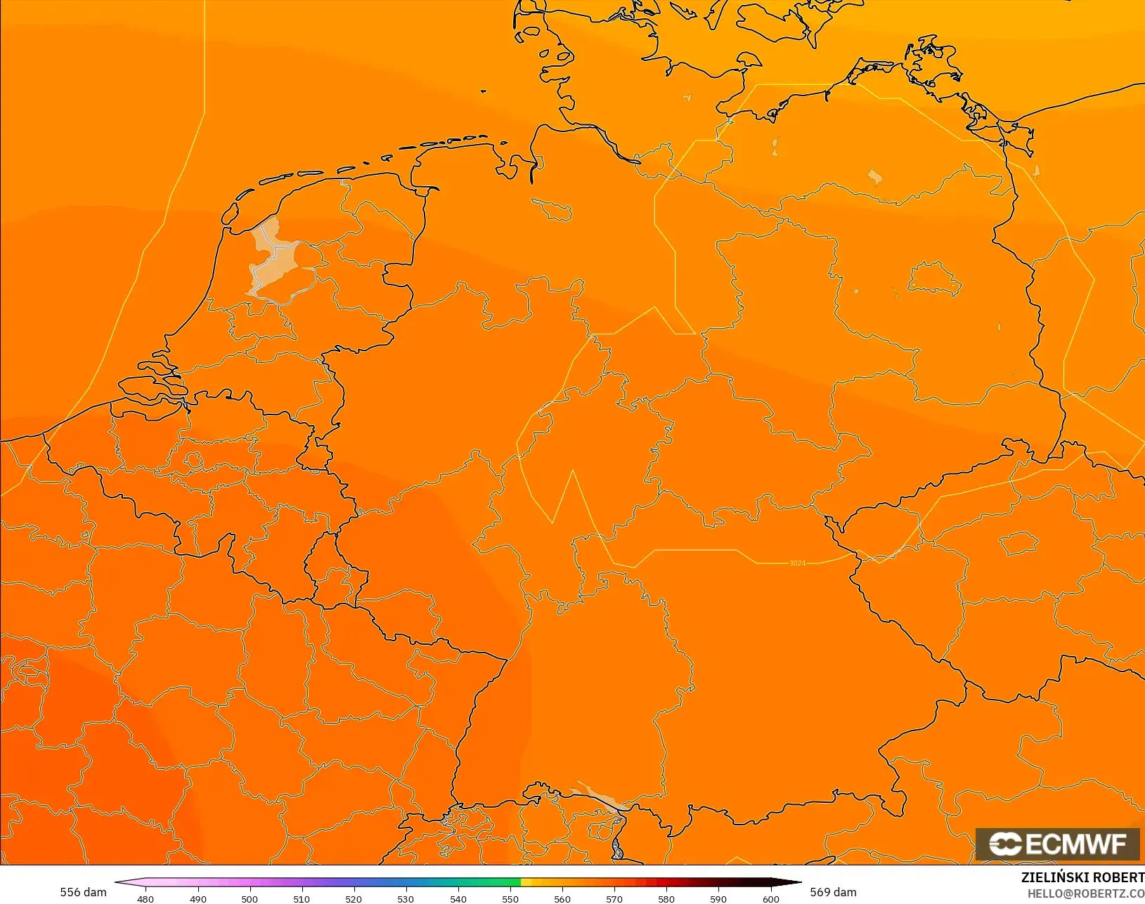 ECMWF IFS 0.25° モデル - ドイツ, 500hPaのジオポテンシャル高度