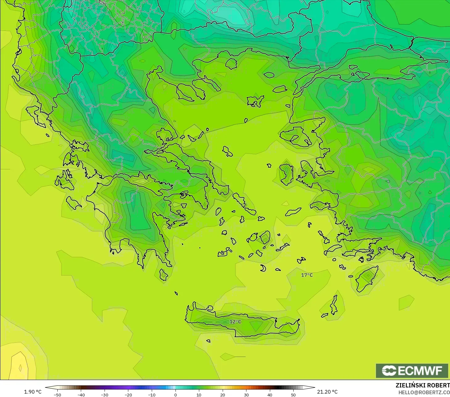 ECMWF IFS 0.25° モデル - ギリシャ, 気温（2m）