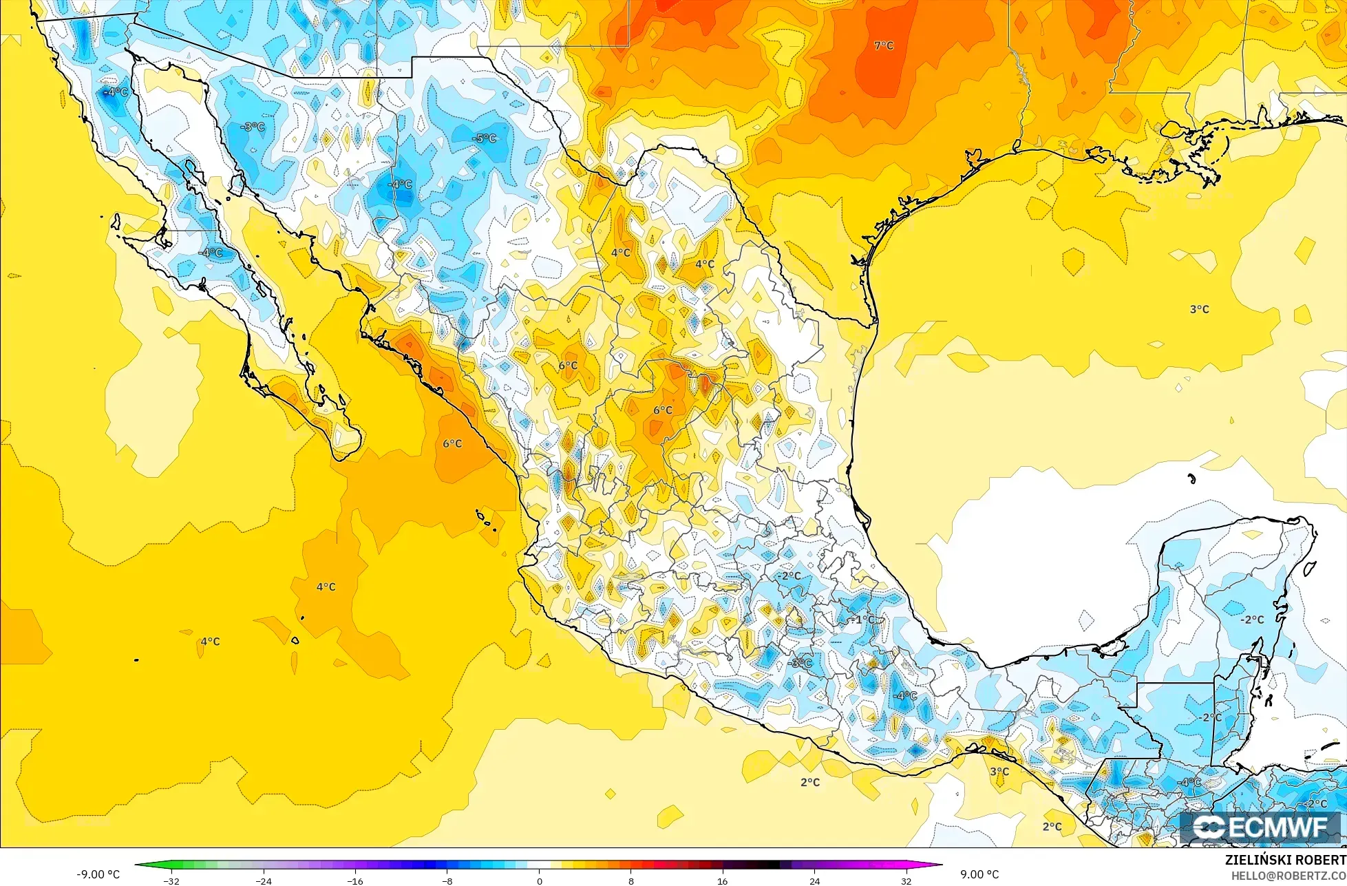 ECMWF IFS 0.25° モデル - メキシコ, 気温異常（2m）